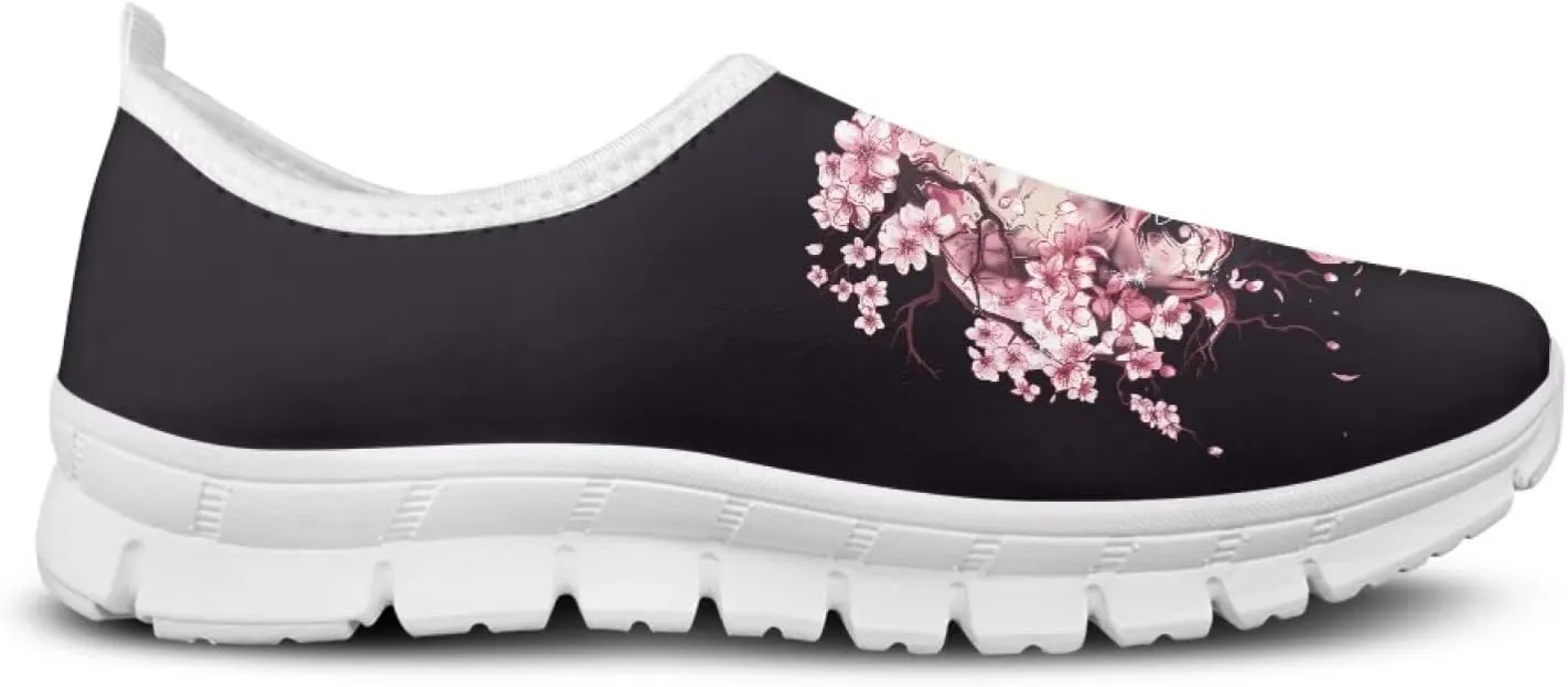 JoyLamoria Womens Floral Skull Print Low Top Lightweight Walking Shoes Girls Go Easy Travel Shoes Art Comfy Sneakers