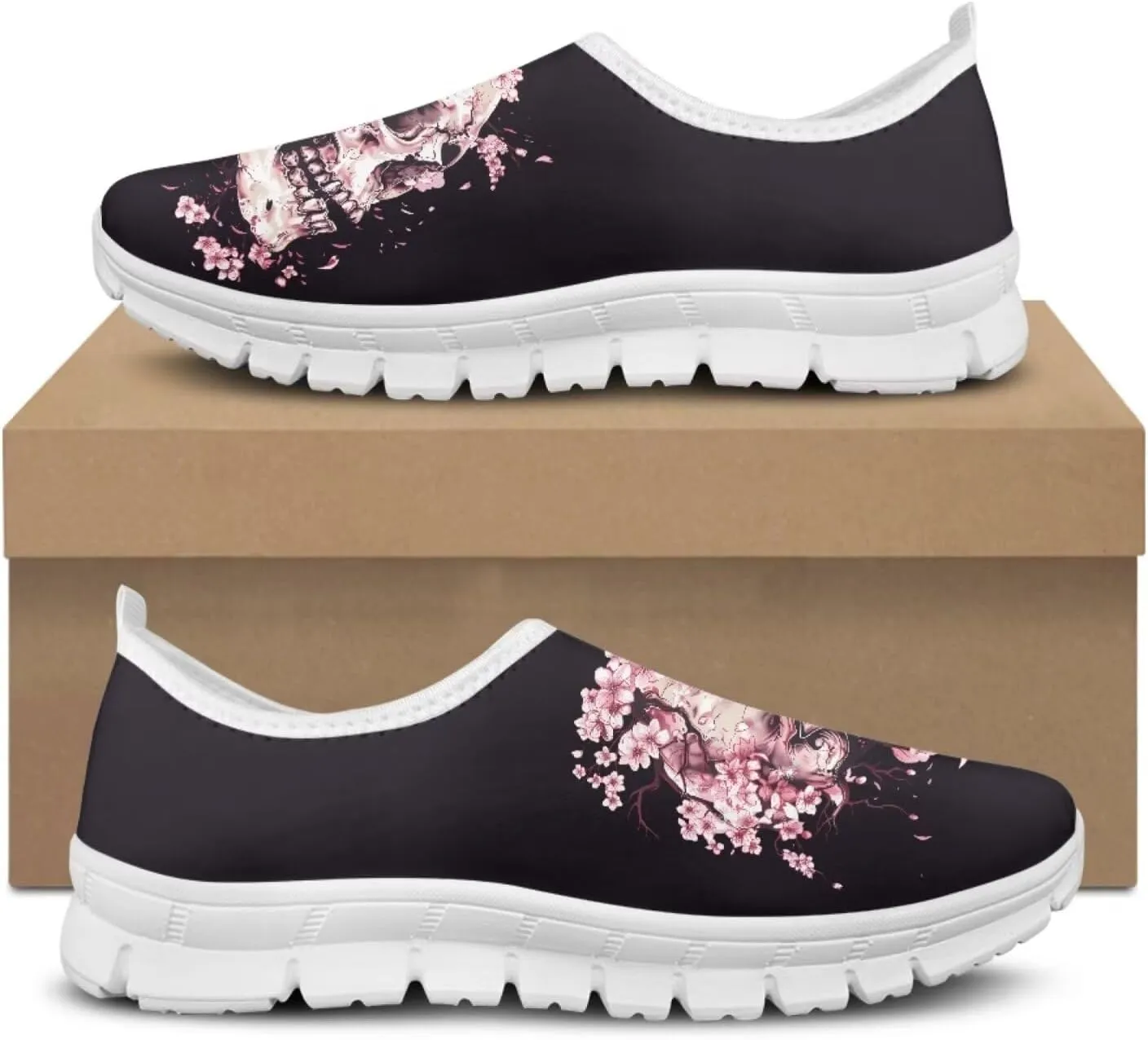 JoyLamoria Womens Floral Skull Print Low Top Lightweight Walking Shoes Girls Go Easy Travel Shoes Art Comfy Sneakers