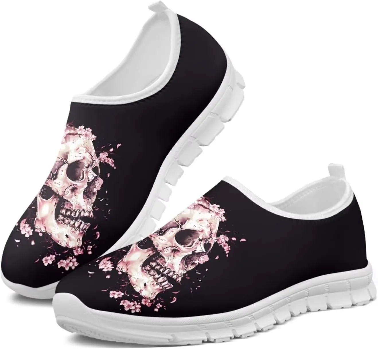 JoyLamoria Womens Floral Skull Print Low Top Lightweight Walking Shoes Girls Go Easy Travel Shoes Art Comfy Sneakers