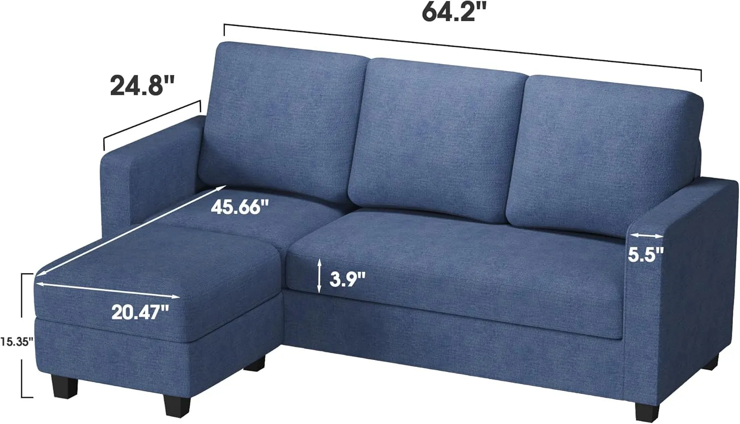 JUMMICO Convertible Sectional Sofa Couch, Fabric L-Shaped Sofa with 3 Seats, Removable Ottoman, Small Sofa for Small Apartments, Living Rooms and Offices (Blue)