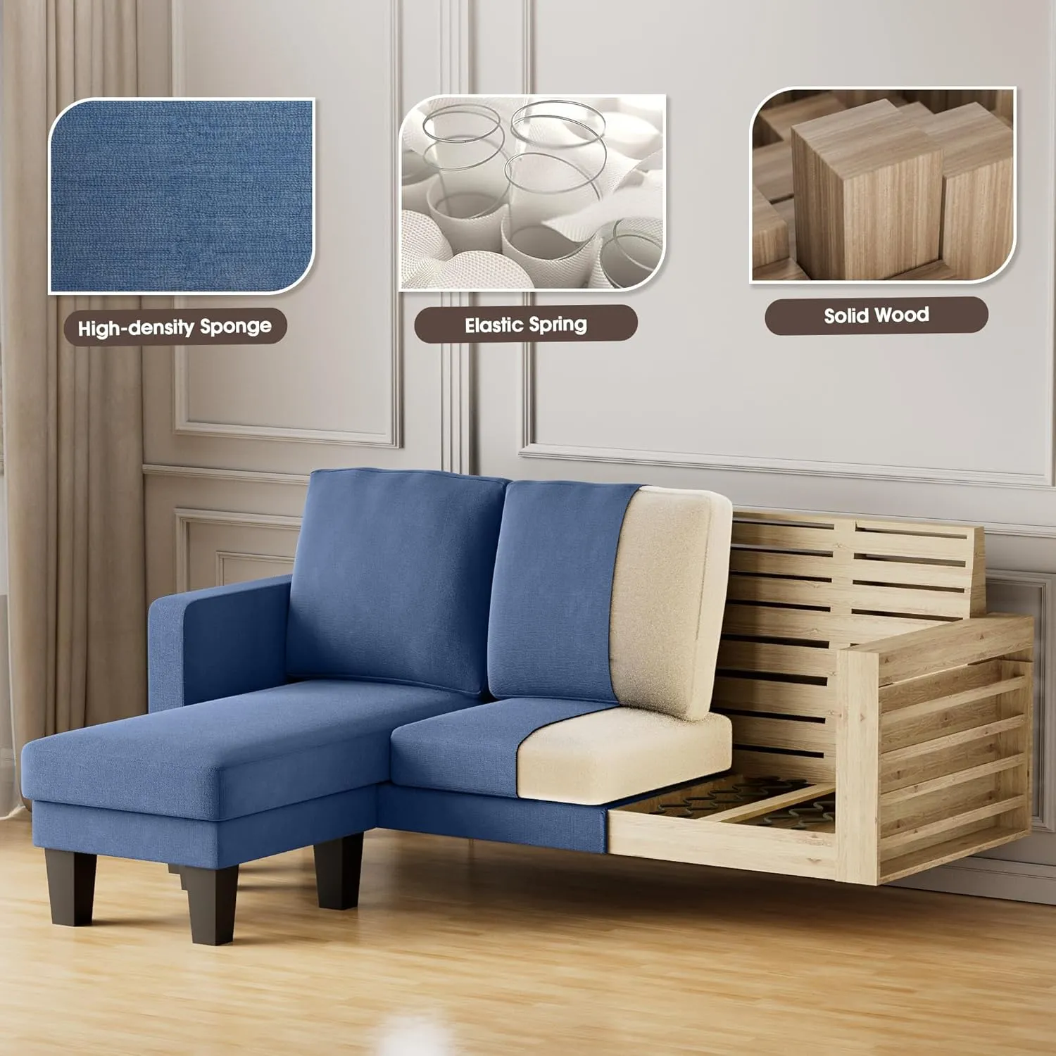 JUMMICO Convertible Sectional Sofa Couch, Fabric L-Shaped Sofa with 3 Seats, Removable Ottoman, Small Sofa for Small Apartments, Living Rooms and Offices (Blue)