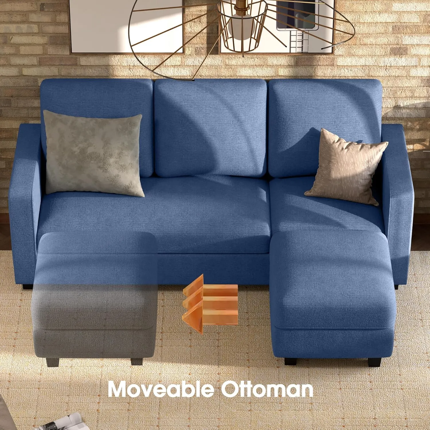 JUMMICO Convertible Sectional Sofa Couch, Fabric L-Shaped Sofa with 3 Seats, Removable Ottoman, Small Sofa for Small Apartments, Living Rooms and Offices (Blue)