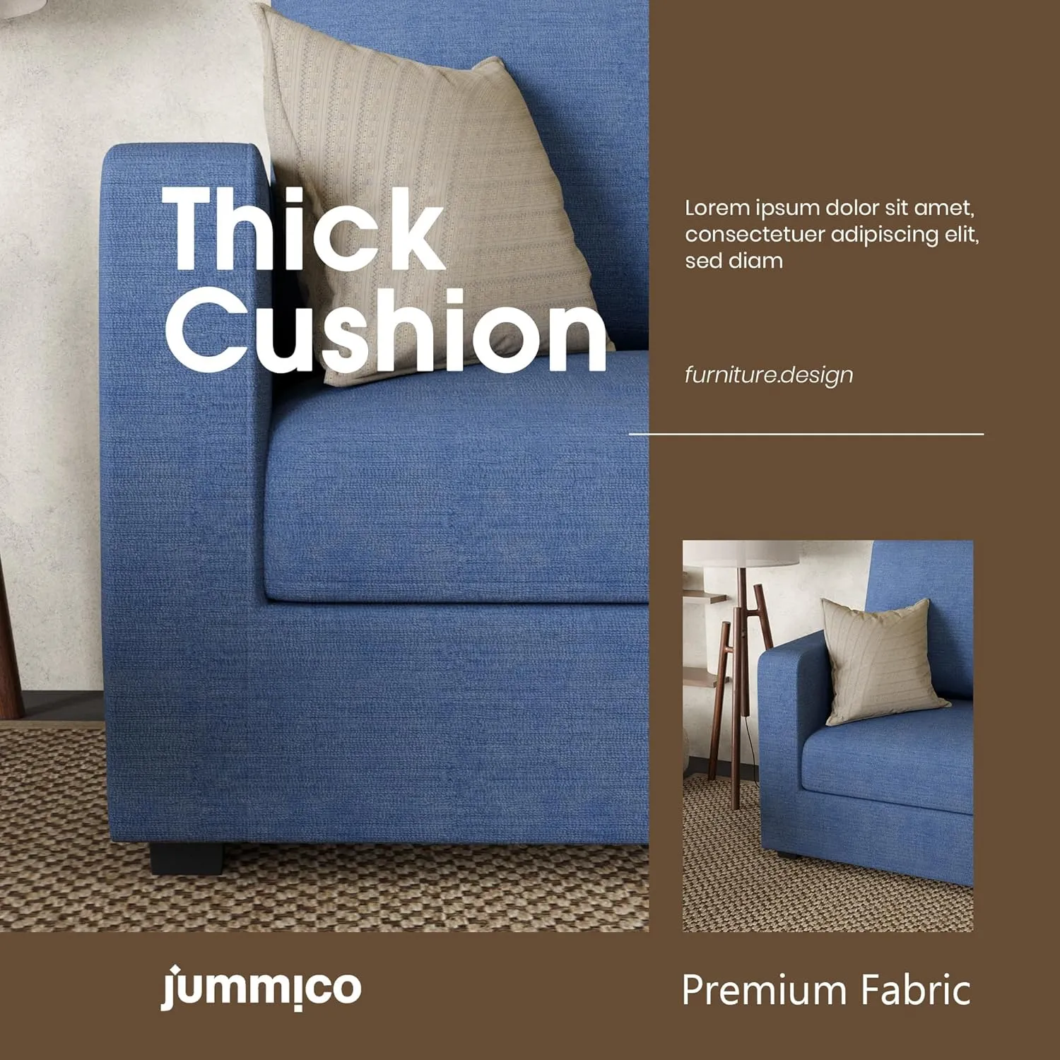 JUMMICO Convertible Sectional Sofa Couch, Fabric L-Shaped Sofa with 3 Seats, Removable Ottoman, Small Sofa for Small Apartments, Living Rooms and Offices (Blue)
