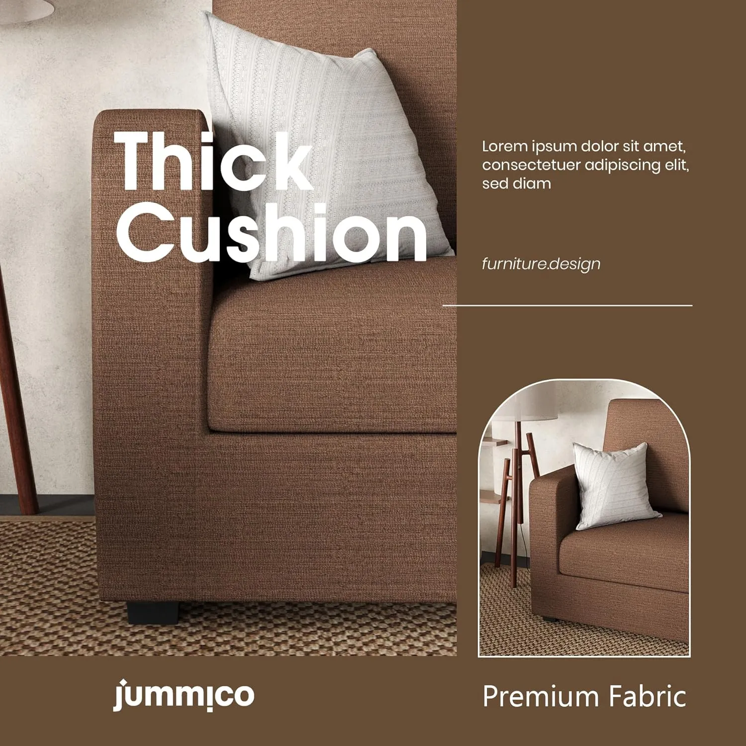 JUMMICO Convertible Sectional Sofa Couch, Fabric L-Shaped Sofa with 3 Seats, Removable Ottoman, Small Sofa for Small Apartments, Living Rooms and Offices (Deep Brown)