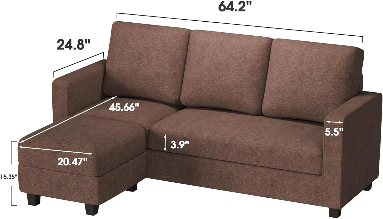 JUMMICO Convertible Sectional Sofa Couch, Fabric L-Shaped Sofa with 3 Seats, Removable Ottoman, Small Sofa for Small Apartments, Living Rooms and Offices (Deep Brown)