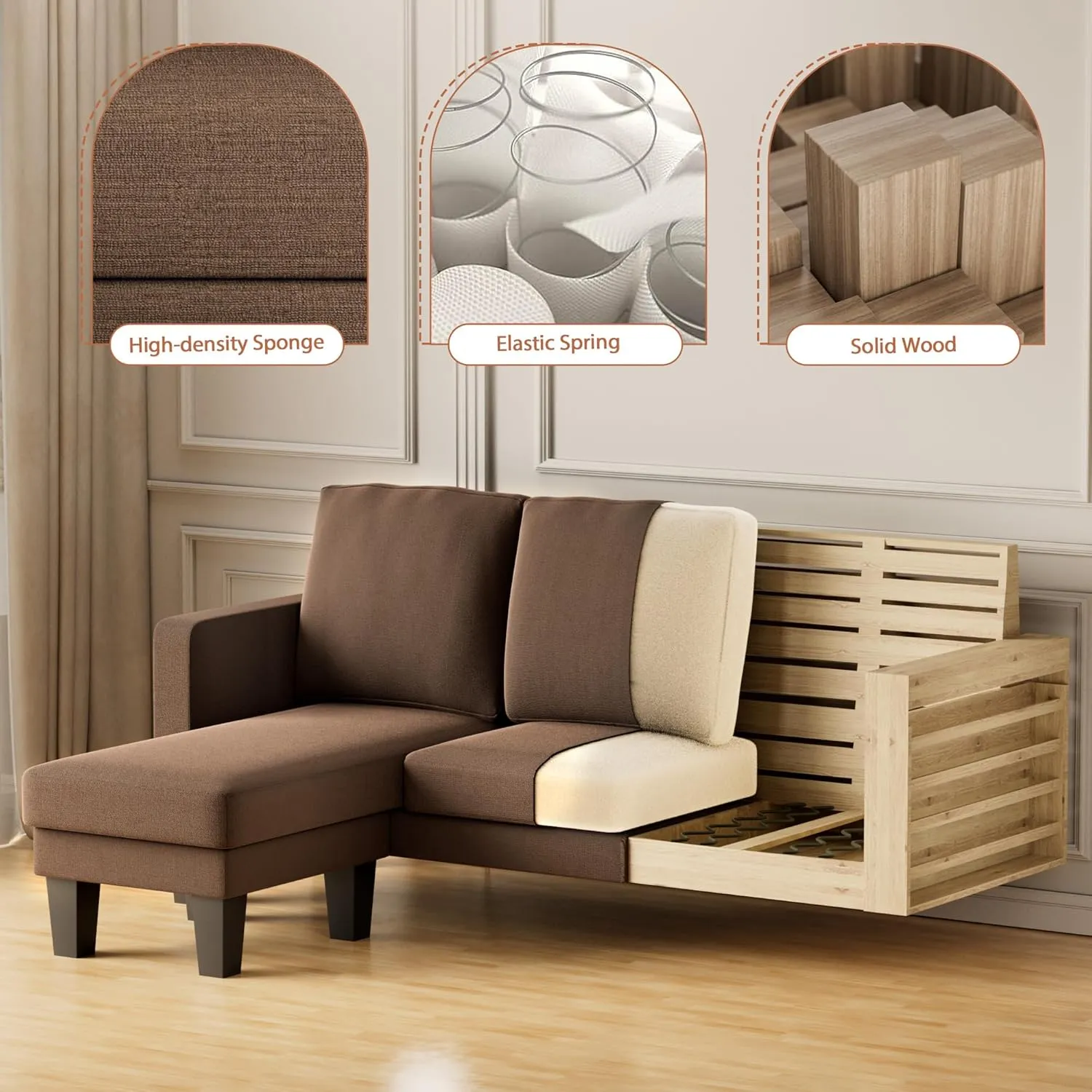 JUMMICO Convertible Sectional Sofa Couch, Fabric L-Shaped Sofa with 3 Seats, Removable Ottoman, Small Sofa for Small Apartments, Living Rooms and Offices (Deep Brown)