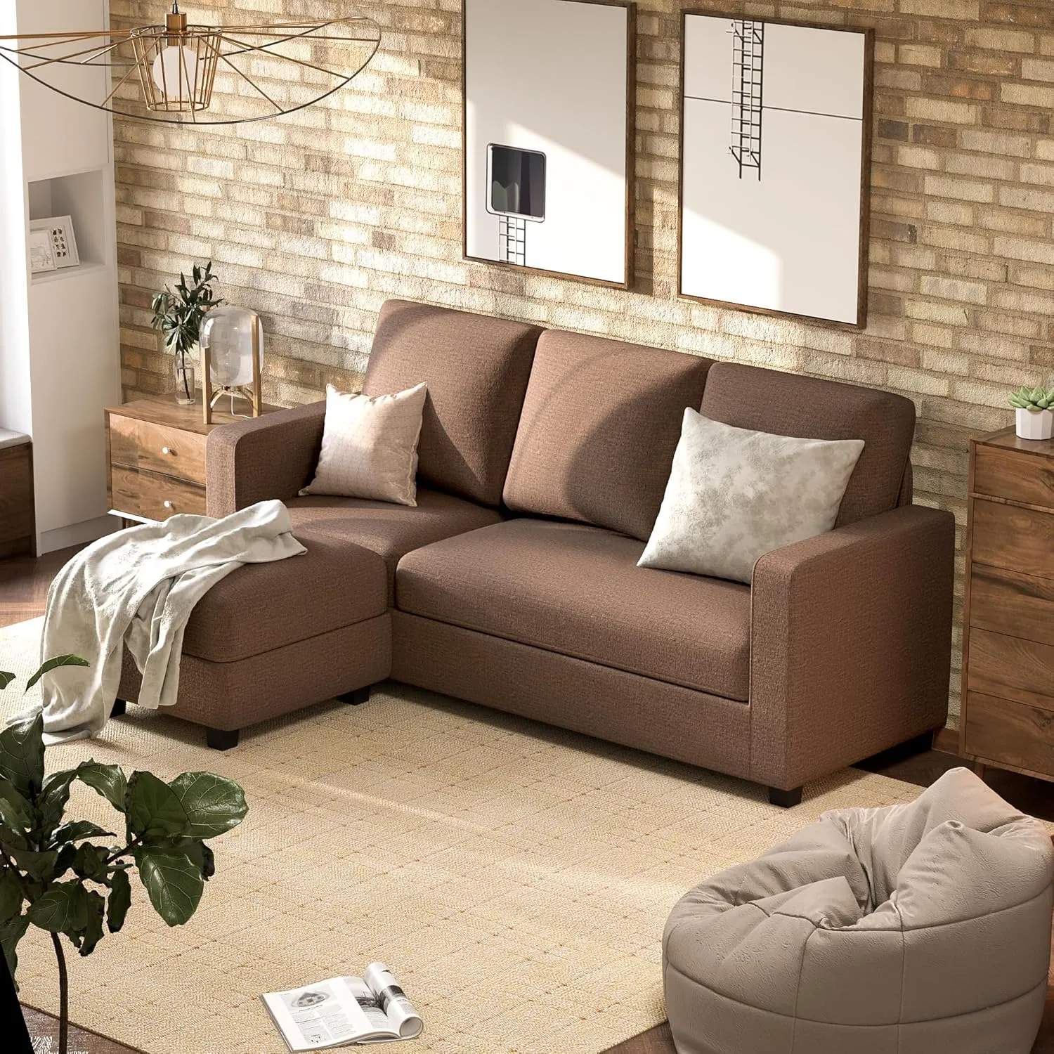 JUMMICO Convertible Sectional Sofa Couch, Fabric L-Shaped Sofa with 3 Seats, Removable Ottoman, Small Sofa for Small Apartments, Living Rooms and Offices (Deep Brown)