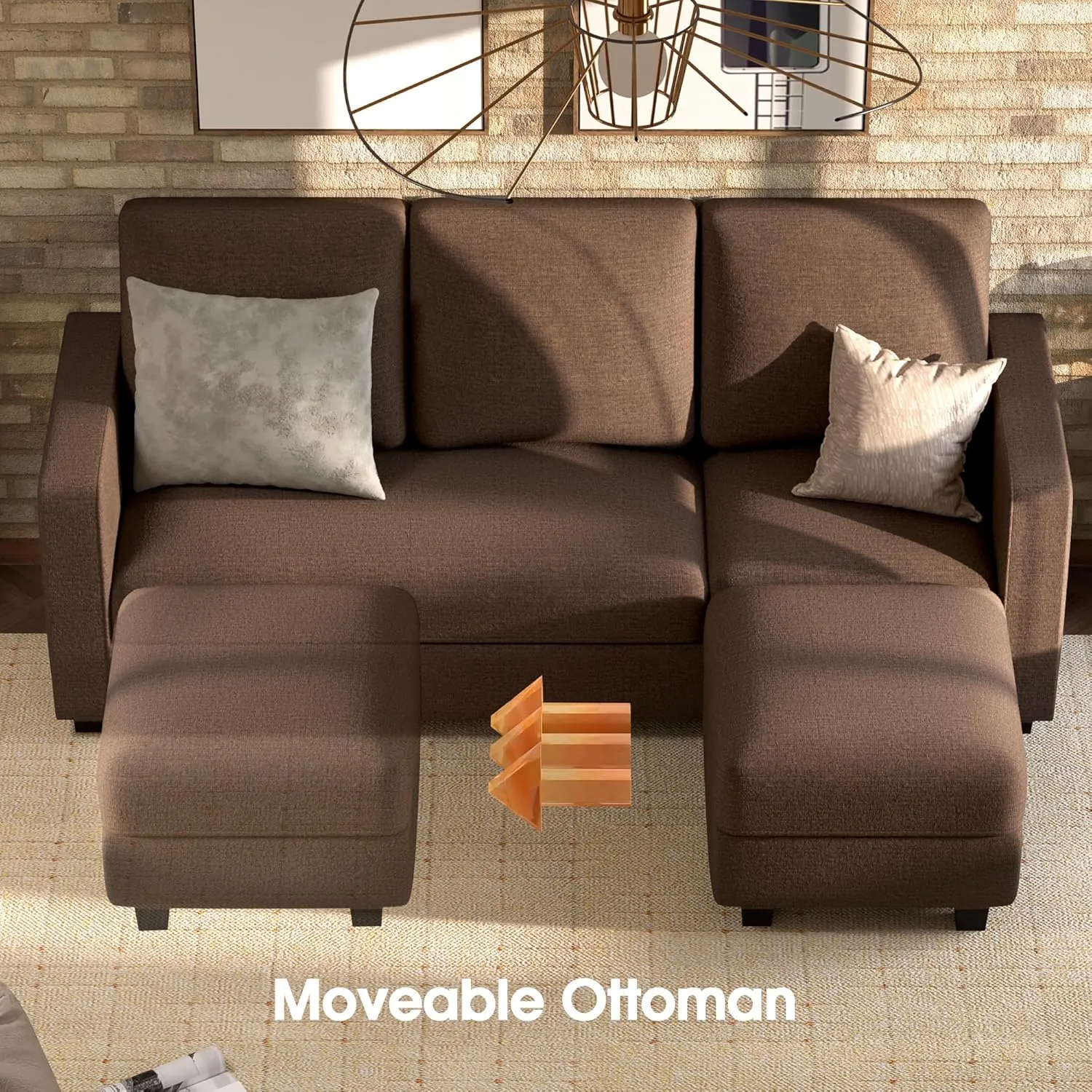 JUMMICO Convertible Sectional Sofa Couch, Fabric L-Shaped Sofa with 3 Seats, Removable Ottoman, Small Sofa for Small Apartments, Living Rooms and Offices (Deep Brown)
