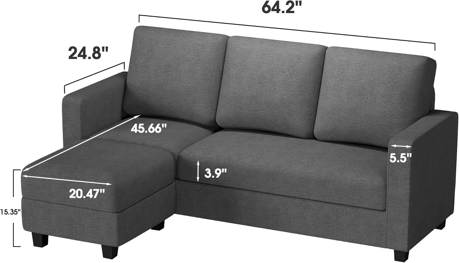 JUMMICO Convertible Sectional Sofa Couch, Fabric L-Shaped Sofa with 3 Seats, Removable Ottoman, Small Sofa for Small Apartments, Living Rooms and Offices (Deep Grey)