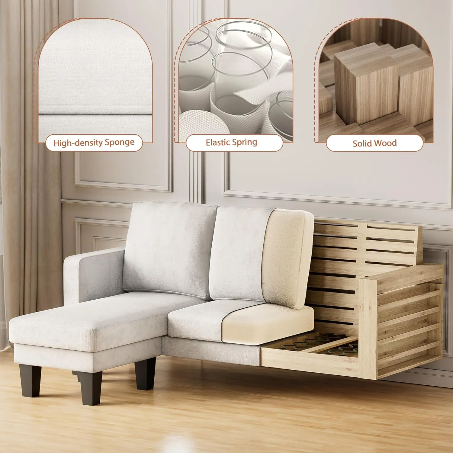 JUMMICO Convertible Sectional Sofa Couch, Fabric L-Shaped Sofa with 3 Seats, Removable Ottoman, Small Sofa for Small Apartments, Living Rooms and Offices (Pale Grey)