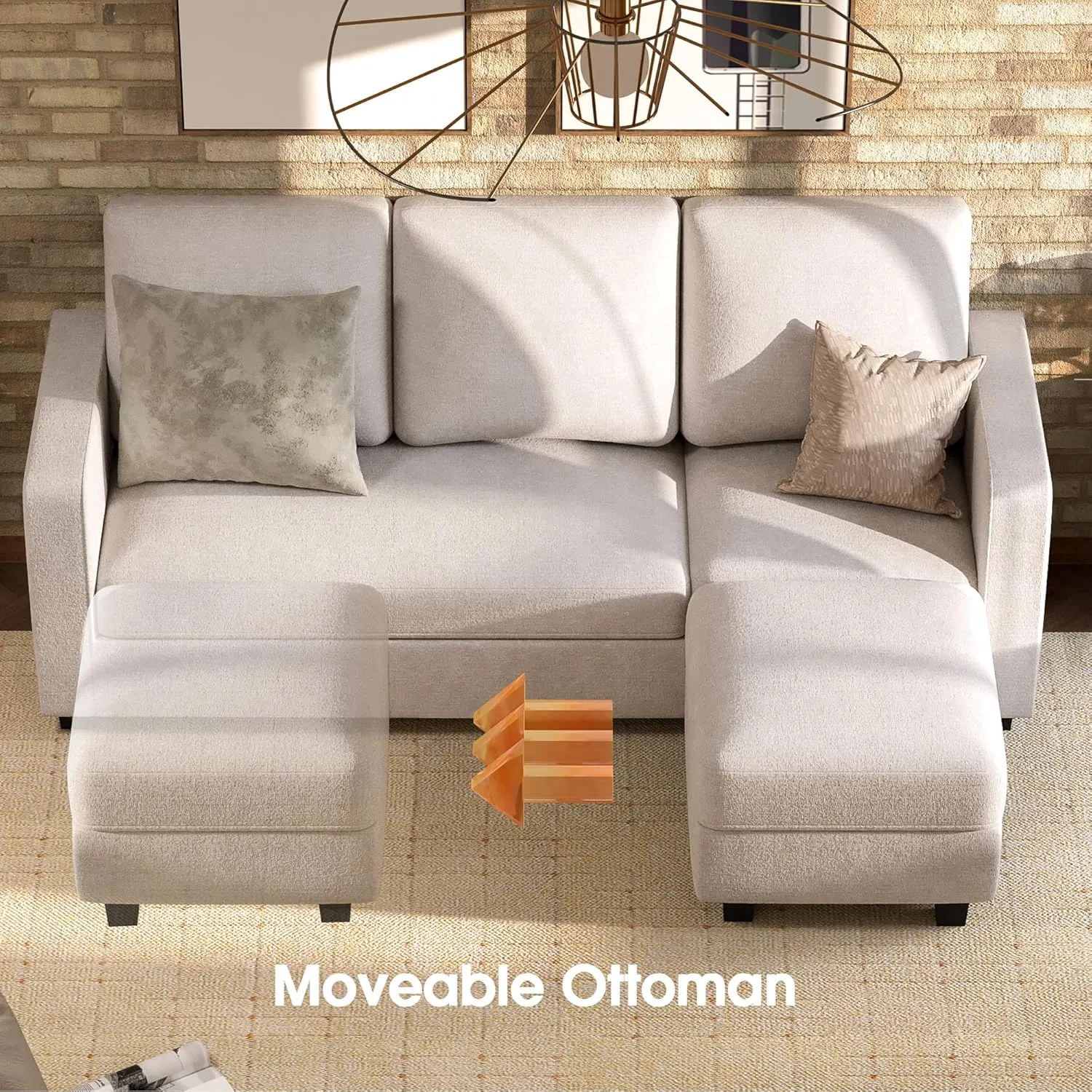 JUMMICO Convertible Sectional Sofa Couch, Fabric L-Shaped Sofa with 3 Seats, Removable Ottoman, Small Sofa for Small Apartments, Living Rooms and Offices (Pale Grey)