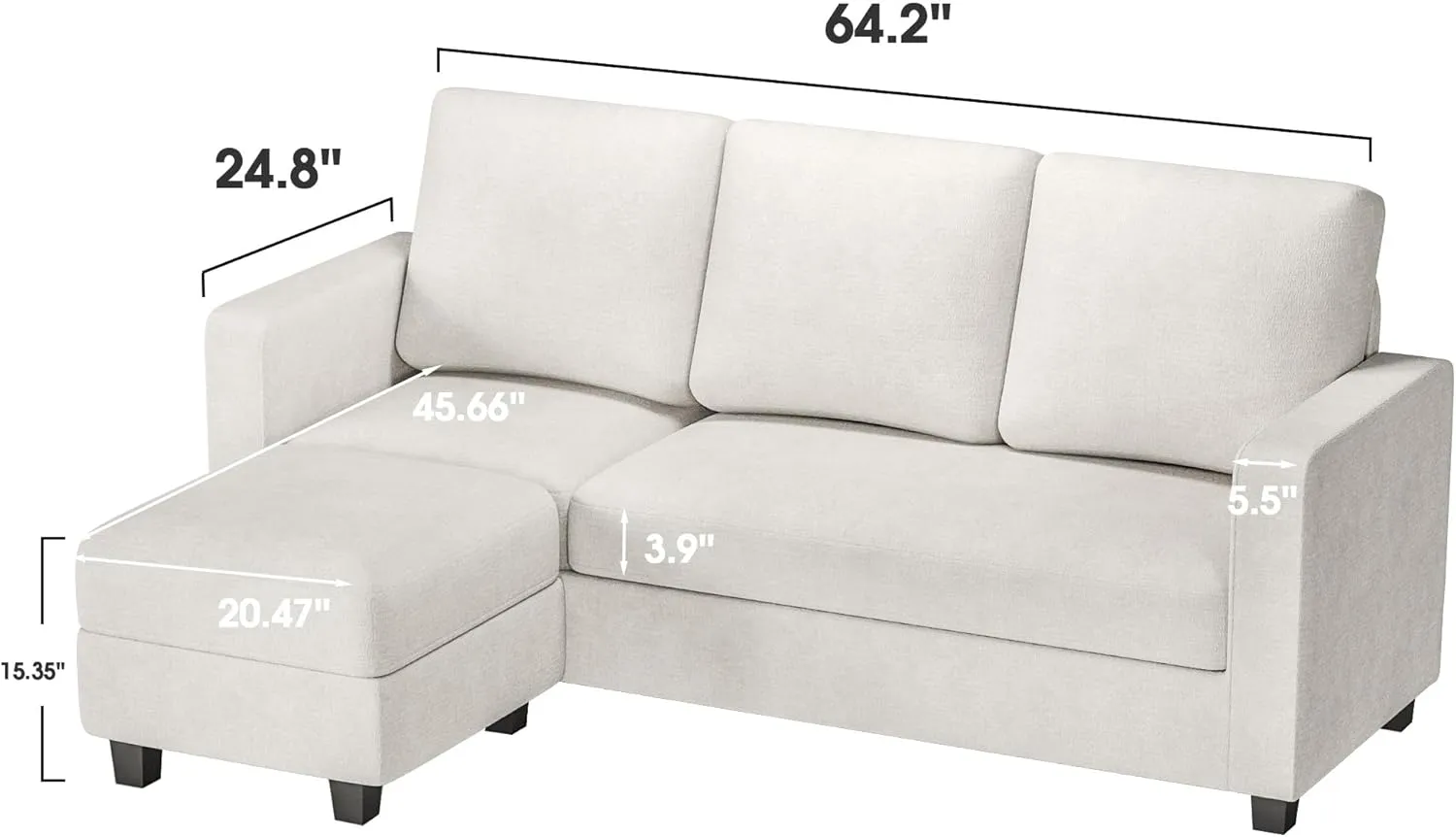 JUMMICO Convertible Sectional Sofa Couch, Fabric L-Shaped Sofa with 3 Seats, Removable Ottoman, Small Sofa for Small Apartments, Living Rooms and Offices (Pale Grey)