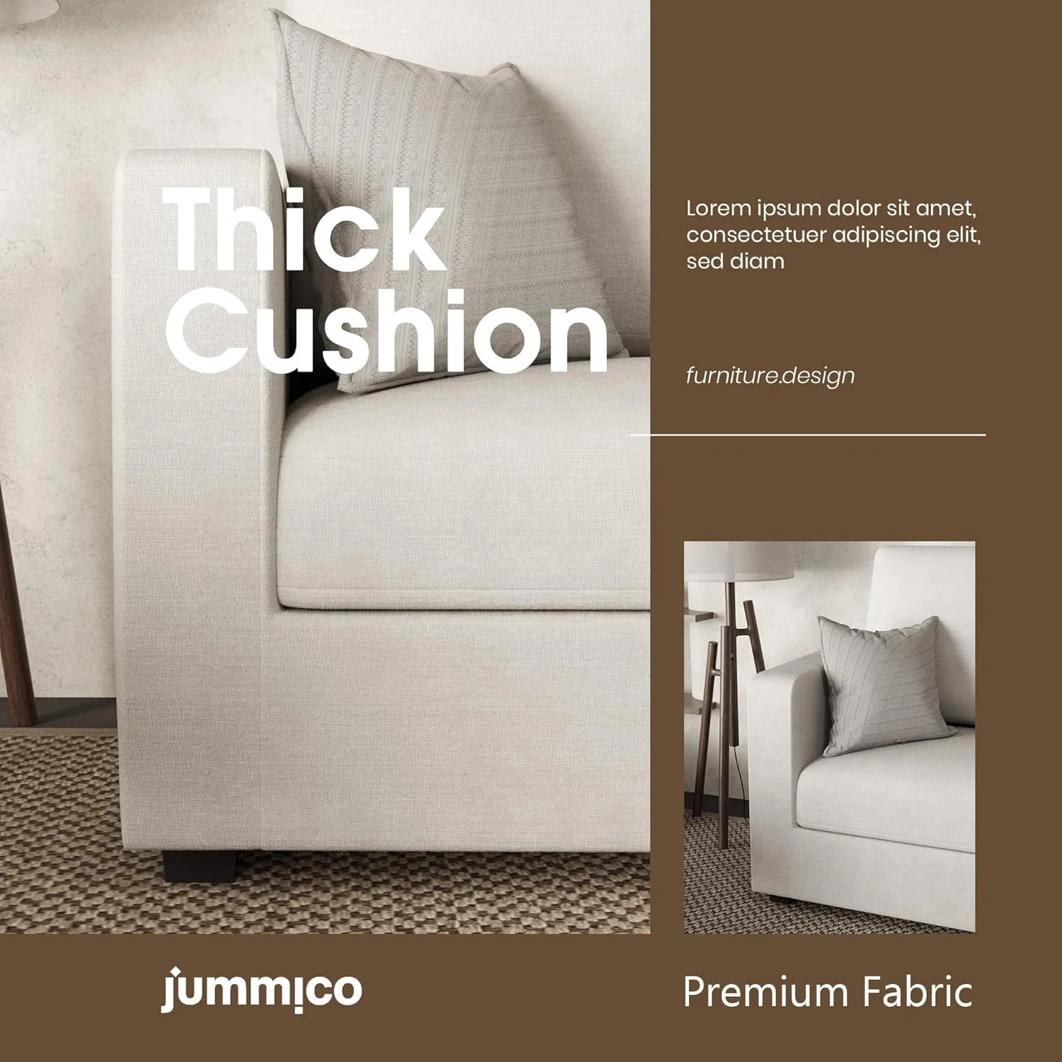 JUMMICO Convertible Sectional Sofa Couch, Fabric L-Shaped Sofa with 3 Seats, Removable Ottoman, Small Sofa for Small Apartments, Living Rooms and Offices (White)