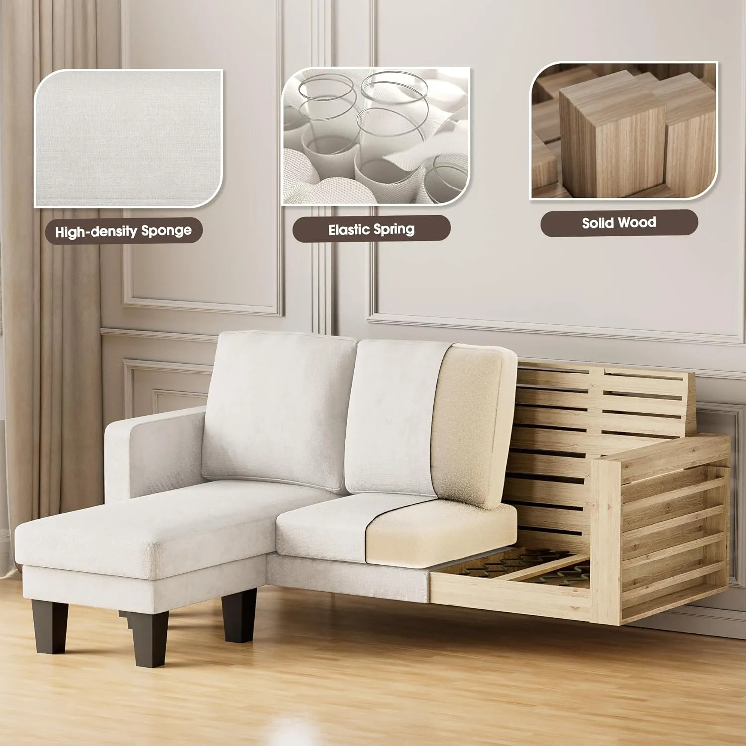 JUMMICO Convertible Sectional Sofa Couch, Fabric L-Shaped Sofa with 3 Seats, Removable Ottoman, Small Sofa for Small Apartments, Living Rooms and Offices (White)