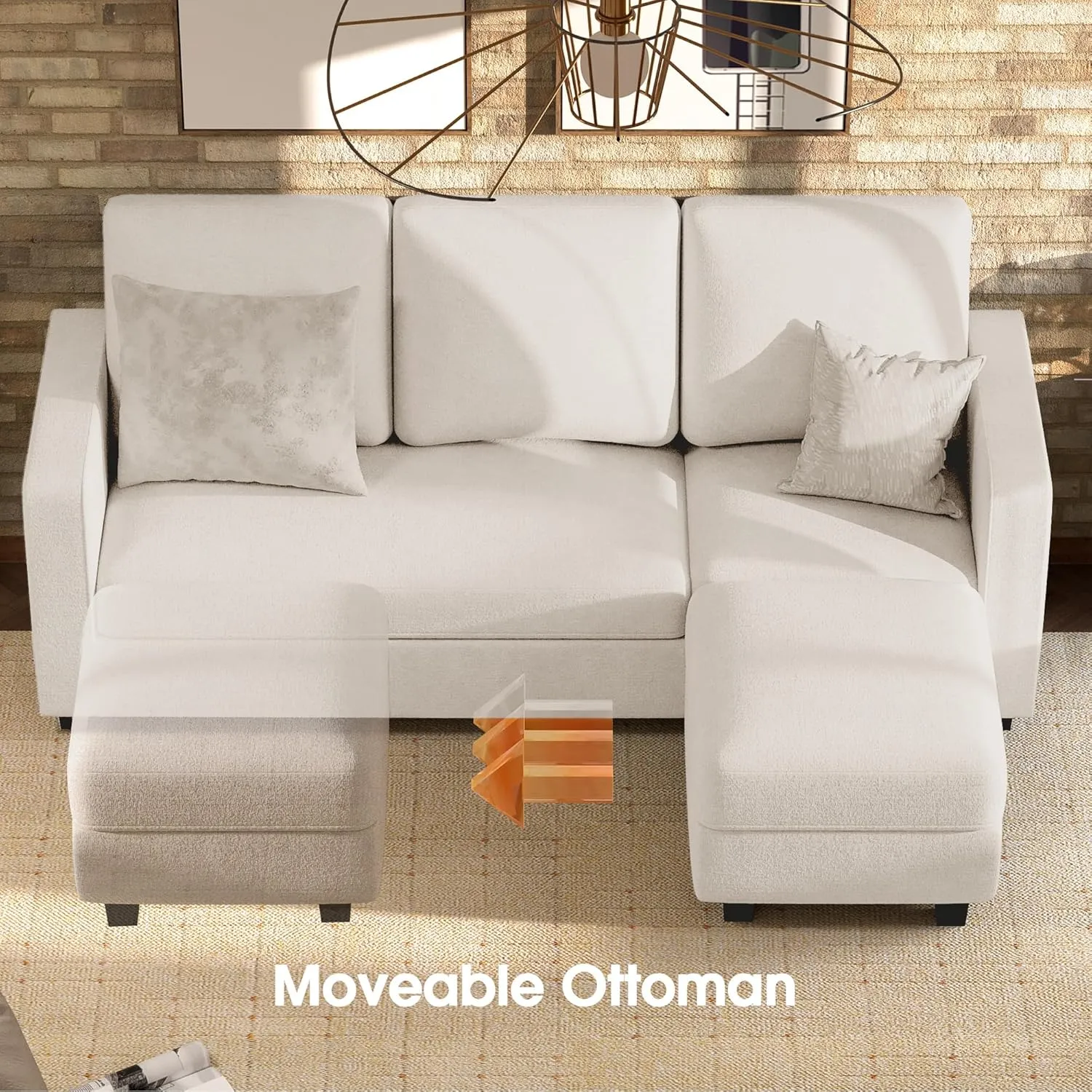 JUMMICO Convertible Sectional Sofa Couch, Fabric L-Shaped Sofa with 3 Seats, Removable Ottoman, Small Sofa for Small Apartments, Living Rooms and Offices (White)
