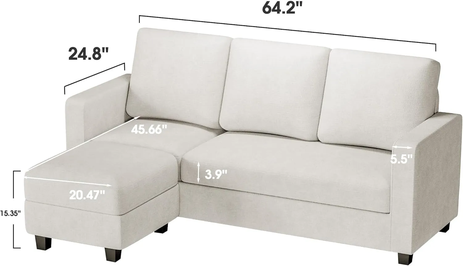 JUMMICO Convertible Sectional Sofa Couch, Fabric L-Shaped Sofa with 3 Seats, Removable Ottoman, Small Sofa for Small Apartments, Living Rooms and Offices (White)