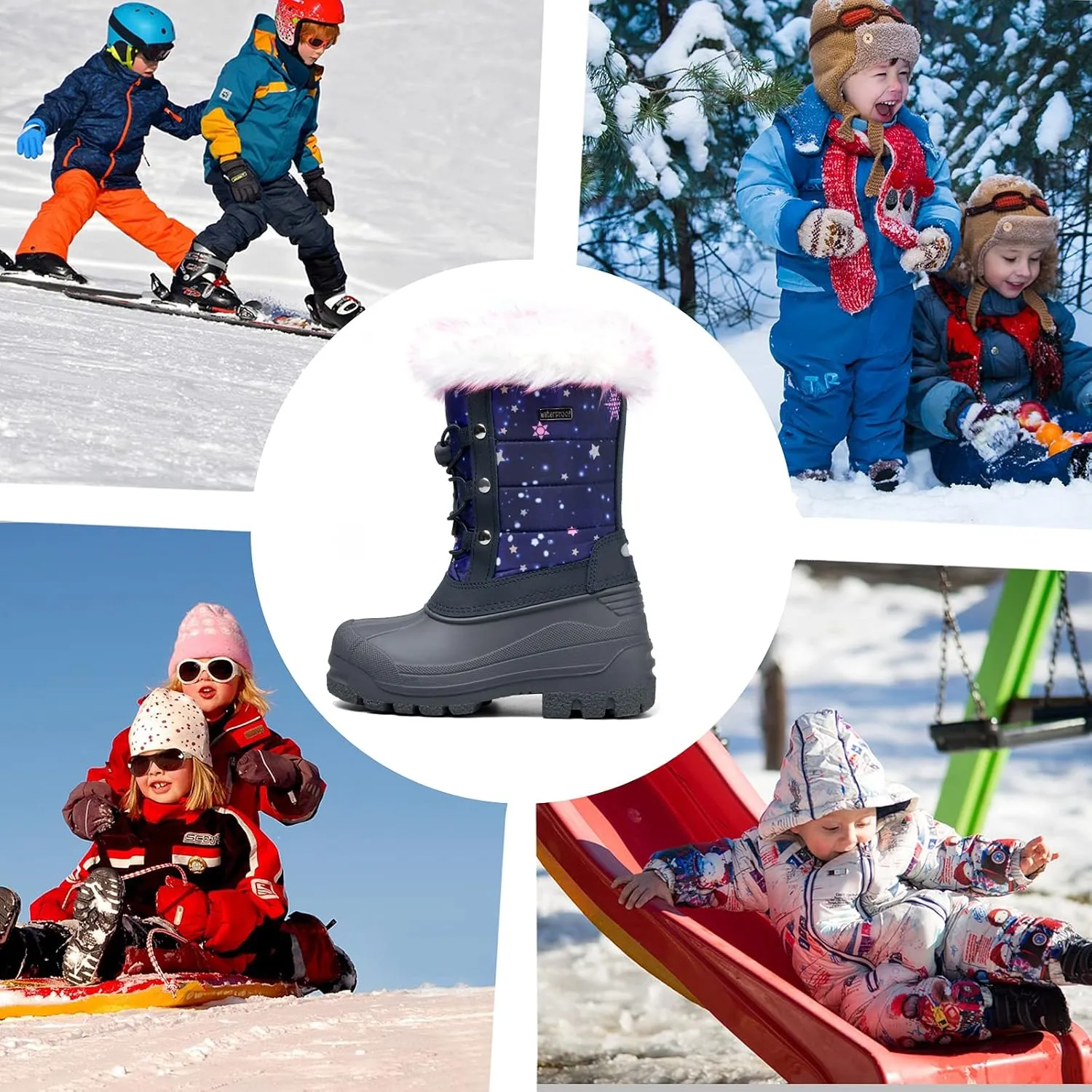 K KomForme Boys & Girls Snow Boots Insulated Fur Lined Warm Anti-Slip Waterproof Winter Boot (Toddler/Little Kid/Big Kid)