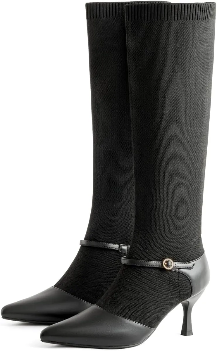 Kitten Heel Knee High Boots for Women Stretchy Knit Sock Booties Knee High Pointed Toe Low Heel Slip On Breathable Buckle Strap Winter Tall Boots