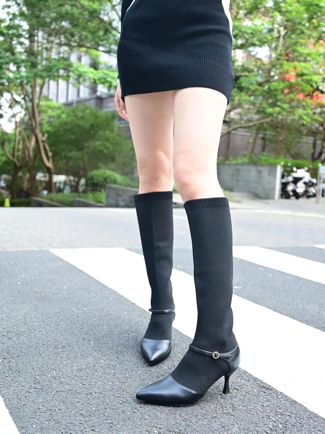 Kitten Heel Knee High Boots for Women Stretchy Knit Sock Booties Knee High Pointed Toe Low Heel Slip On Breathable Buckle Strap Winter Tall Boots