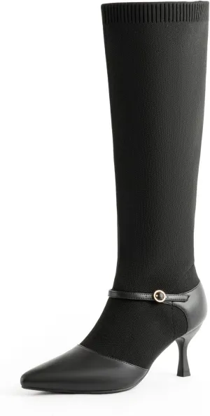 Kitten Heel Knee High Boots for Women Stretchy Knit Sock Booties Knee High Pointed Toe Low Heel Slip On Breathable Buckle Strap Winter Tall Boots