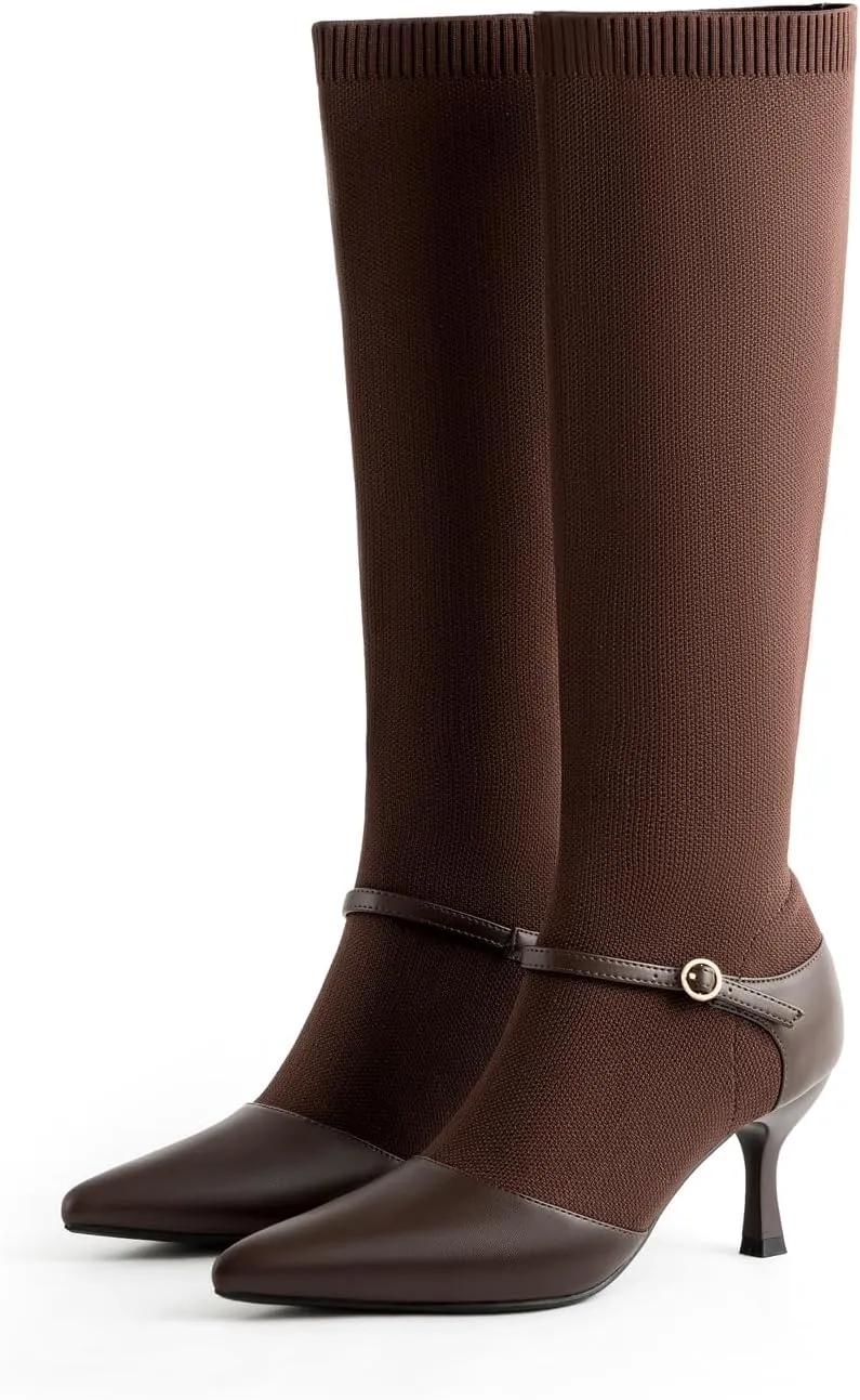Kitten Heel Knee High Boots for Women Stretchy Knit Sock Booties Knee High Pointed Toe Low Heel Slip On Breathable Buckle Strap Winter Tall Boots