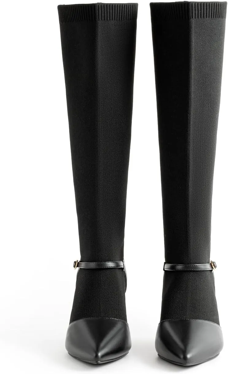 Kitten Heel Knee High Boots for Women Stretchy Knit Sock Booties Knee High Pointed Toe Low Heel Slip On Breathable Buckle Strap Winter Tall Boots