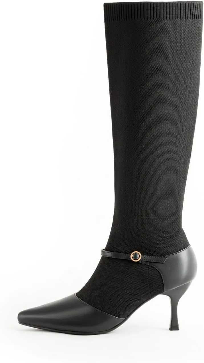 Kitten Heel Knee High Boots for Women Stretchy Knit Sock Booties Knee High Pointed Toe Low Heel Slip On Breathable Buckle Strap Winter Tall Boots