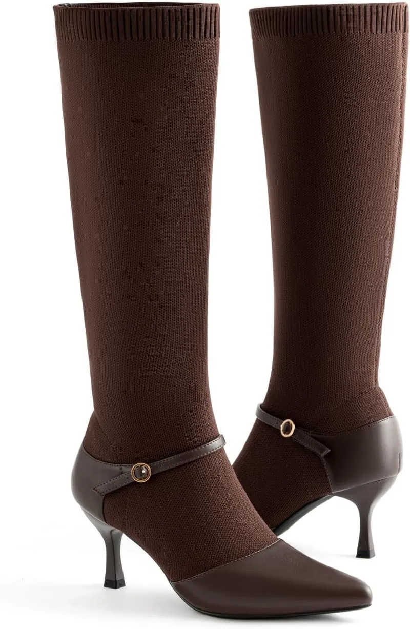 Kitten Heel Knee High Boots for Women Stretchy Knit Sock Booties Knee High Pointed Toe Low Heel Slip On Breathable Buckle Strap Winter Tall Boots