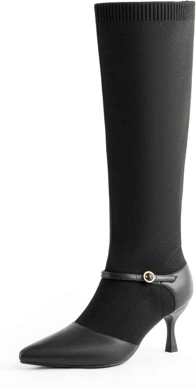 Kitten Heel Knee High Boots for Women Stretchy Knit Sock Booties Knee High Pointed Toe Low Heel Slip On Breathable Buckle Strap Winter Tall Boots