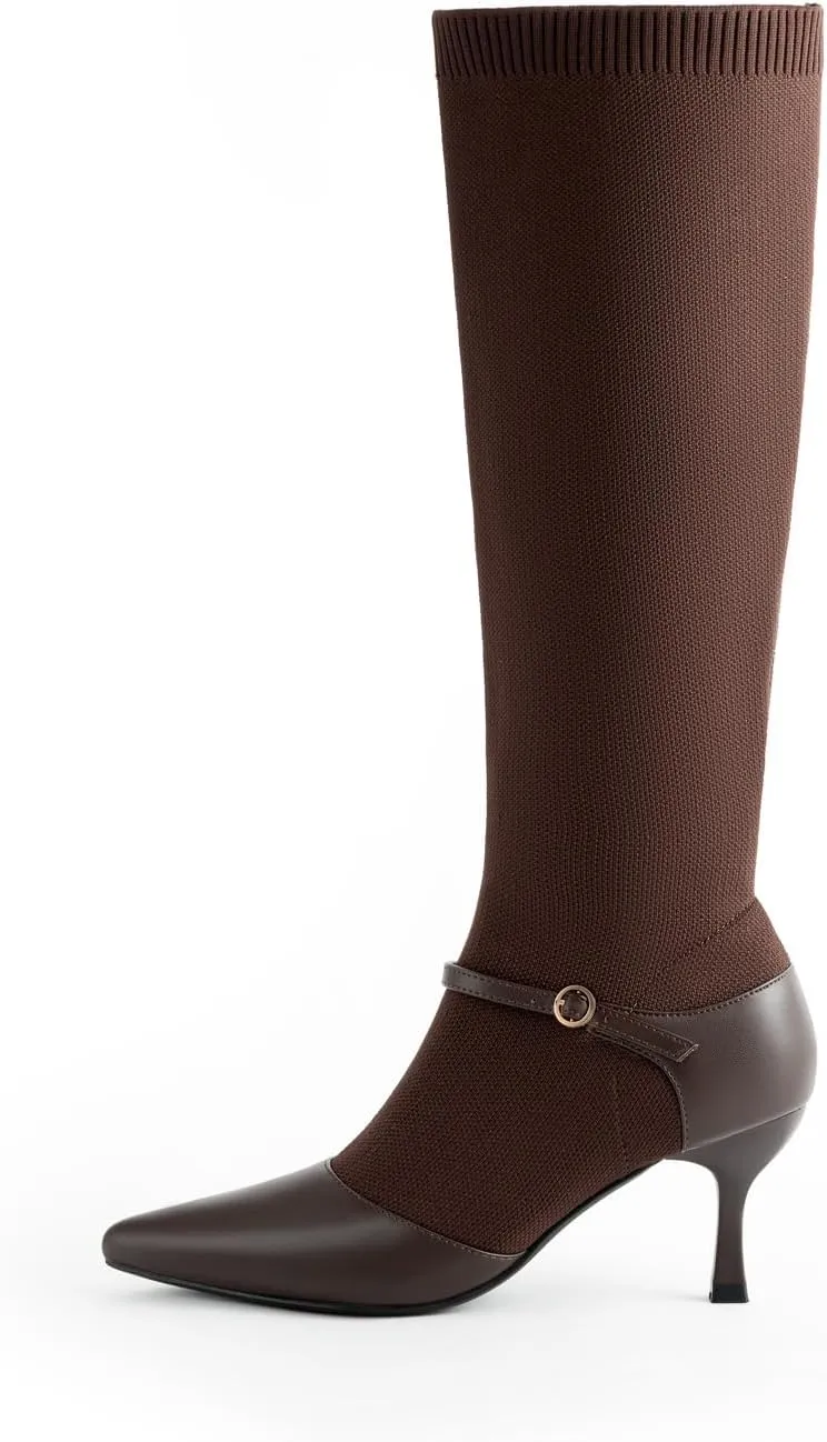 Kitten Heel Knee High Boots for Women Stretchy Knit Sock Booties Knee High Pointed Toe Low Heel Slip On Breathable Buckle Strap Winter Tall Boots