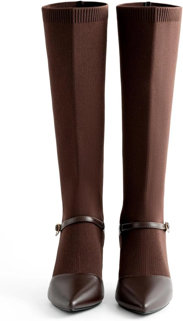 Kitten Heel Knee High Boots for Women Stretchy Knit Sock Booties Knee High Pointed Toe Low Heel Slip On Breathable Buckle Strap Winter Tall Boots