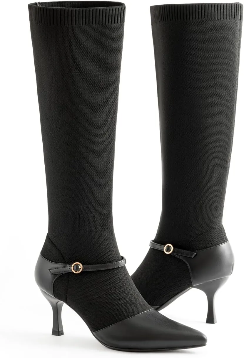 Kitten Heel Knee High Boots for Women Stretchy Knit Sock Booties Knee High Pointed Toe Low Heel Slip On Breathable Buckle Strap Winter Tall Boots