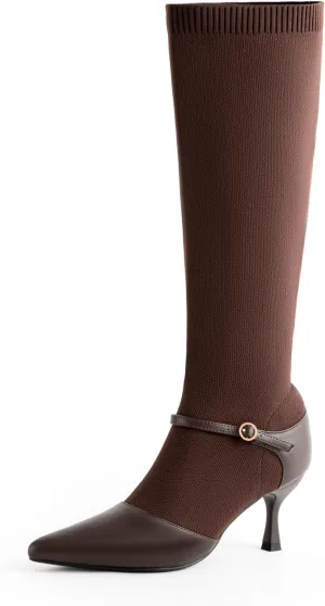 Kitten Heel Knee High Boots for Women Stretchy Knit Sock Booties Knee High Pointed Toe Low Heel Slip On Breathable Buckle Strap Winter Tall Boots