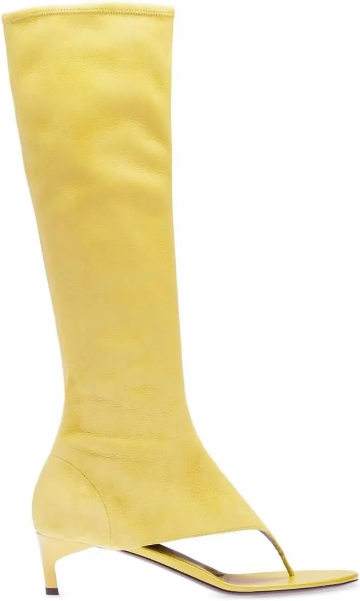 Kluolandi Women's Thong Style Open Toe Knee High Boots with Zipper Stretch Kitten Low Heel Tall Sandal Boots