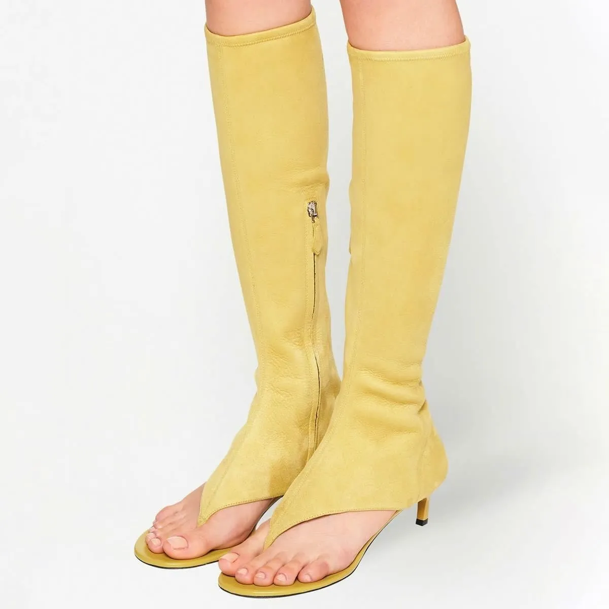 Kluolandi Women's Thong Style Open Toe Knee High Boots with Zipper Stretch Kitten Low Heel Tall Sandal Boots