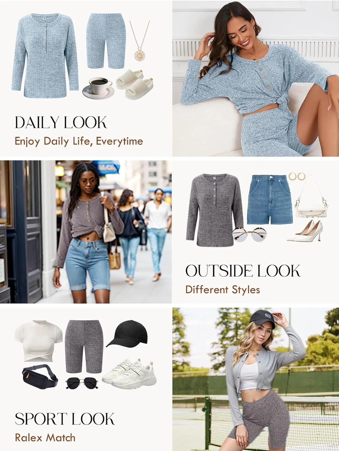 KORSIS Women's Lounge Set Ribbed Knit 2 Piece Women Set Outfit Button-up long sleeve top biker shorts Sport Loungewear Sets