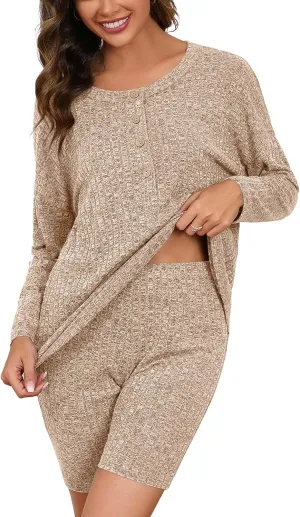 KORSIS Women's Lounge Set Ribbed Knit 2 Piece Women Set Outfit Button-up long sleeve top biker shorts Sport Loungewear Sets