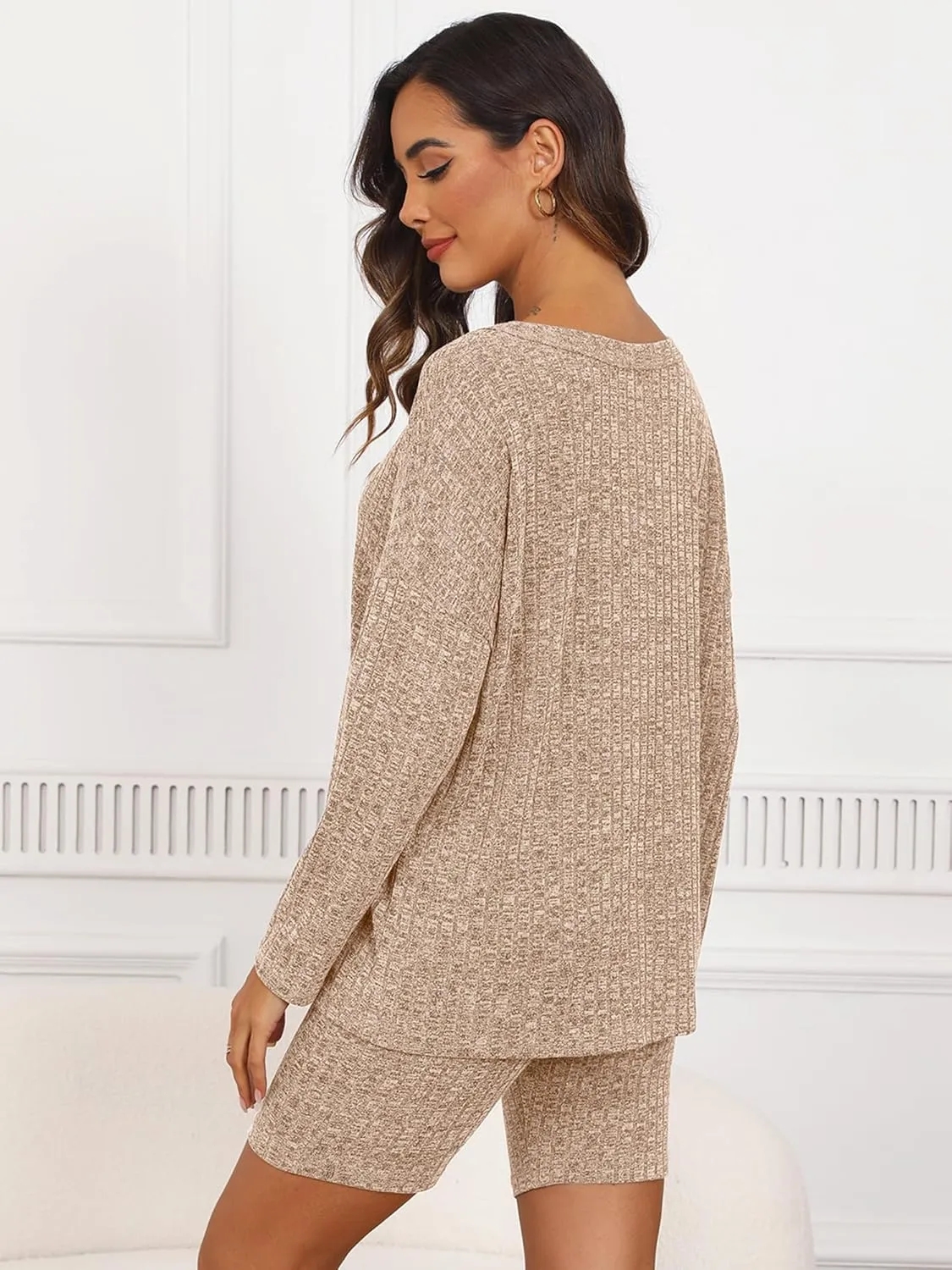 KORSIS Women's Lounge Set Ribbed Knit 2 Piece Women Set Outfit Button-up long sleeve top biker shorts Sport Loungewear Sets