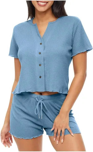 Ladies Pajamas Sets Waffle Knit Button Down 2 Piece Lounge Pjs Sets Short Sleeve Sleepwear And Drawstring Shorts Sets