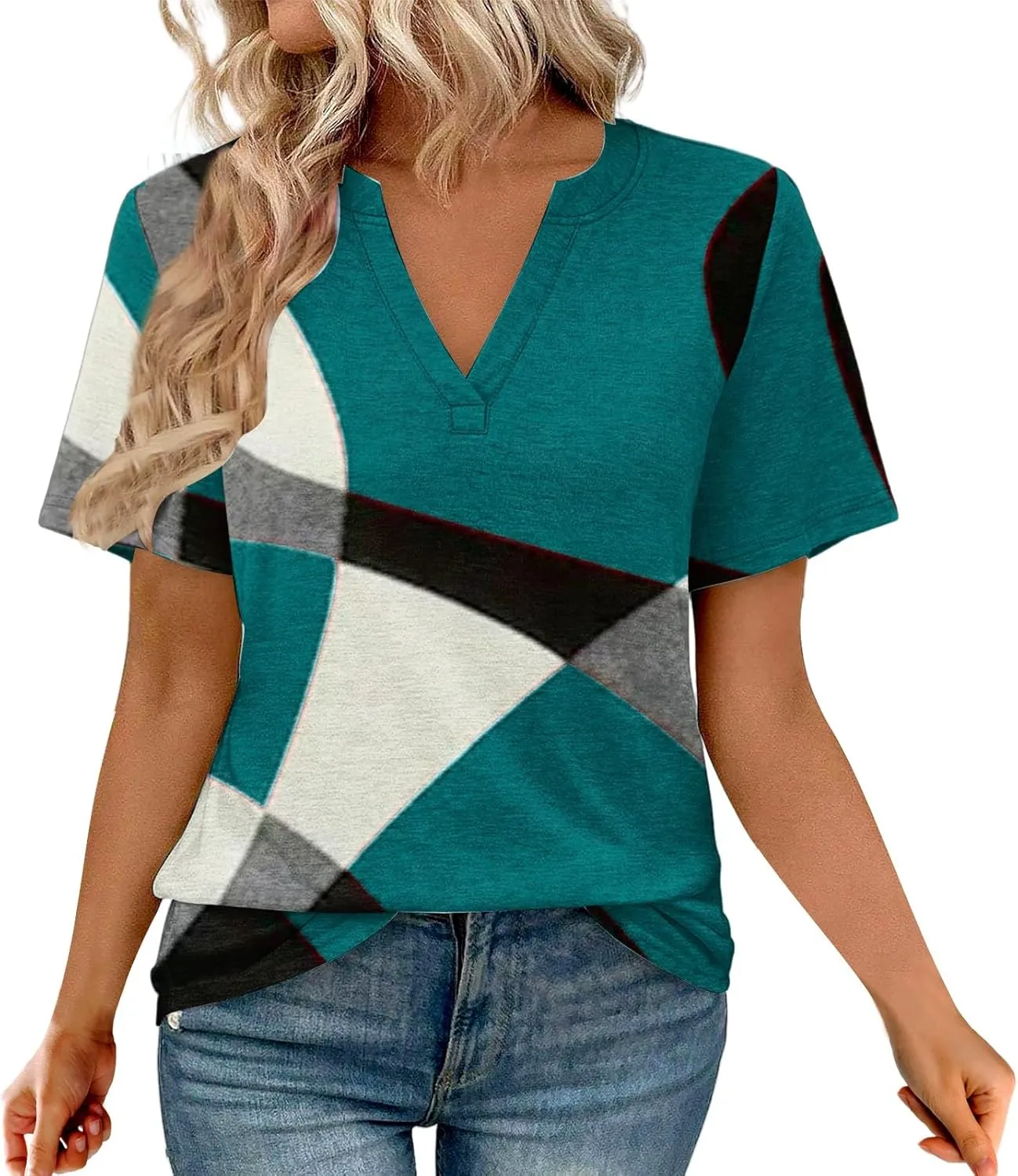 Ladies Tops Summer Short Sleeve V Neck Womens T-Shirts Loose Casual Floral Printed Tee Business Work Basic Blouses