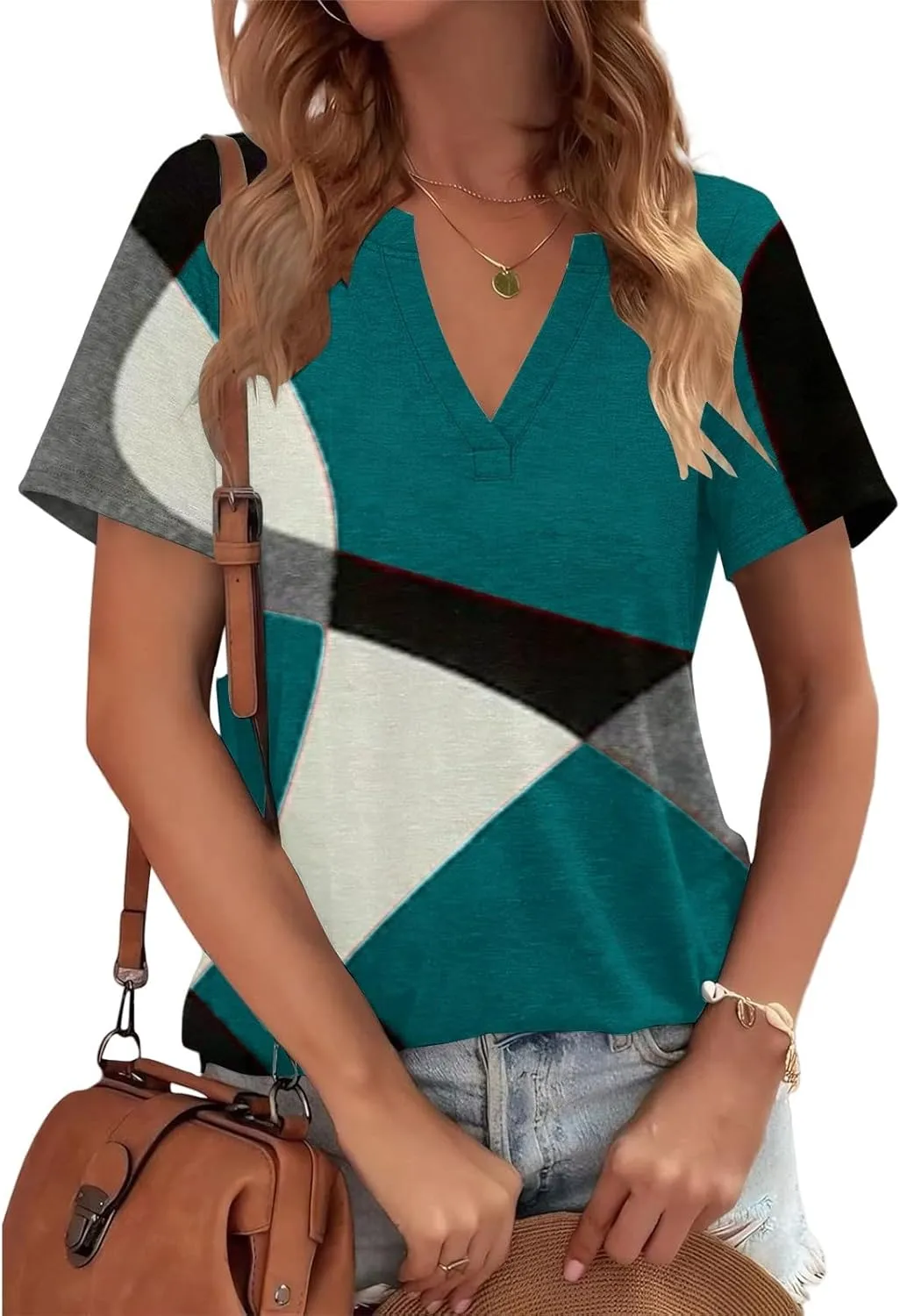 Ladies Tops Summer Short Sleeve V Neck Womens T-Shirts Loose Casual Floral Printed Tee Business Work Basic Blouses