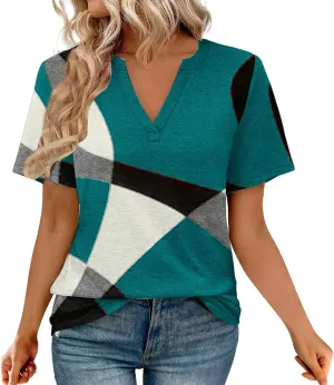 Ladies Tops Summer Short Sleeve V Neck Womens T-Shirts Loose Casual Floral Printed Tee Business Work Basic Blouses