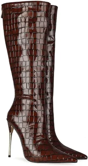 LEHOOR Women Stiletto High Heel Knee High Boots Pointed Toe Crocodile Pattern Mid-Calf Boots Back Zipper 5 Inch High Heel Patent Leather For Ladies Winter Party Evening Booties Shoes 4-12 M US