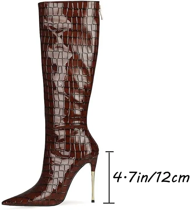 LEHOOR Women Stiletto High Heel Knee High Boots Pointed Toe Crocodile Pattern Mid-Calf Boots Back Zipper 5 Inch High Heel Patent Leather For Ladies Winter Party Evening Booties Shoes 4-12 M US