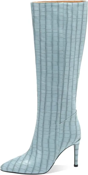 LEMUTISME Women's Fashion Pointed Toe Matte Leather Crocodile Embossed Stiletto Wide Calf Slip On 3.5In High Heel Casual Dress Knee High Boots