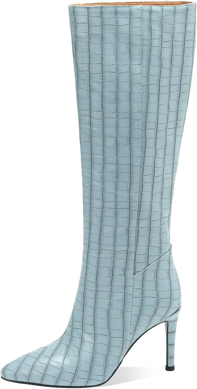 LEMUTISME Women's Fashion Pointed Toe Matte Leather Crocodile Embossed Stiletto Wide Calf Slip On 3.5In High Heel Casual Dress Knee High Boots