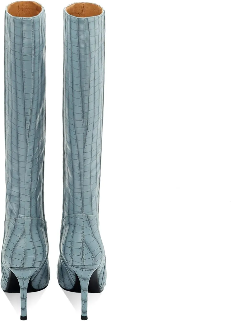 LEMUTISME Women's Fashion Pointed Toe Matte Leather Crocodile Embossed Stiletto Wide Calf Slip On 3.5In High Heel Casual Dress Knee High Boots