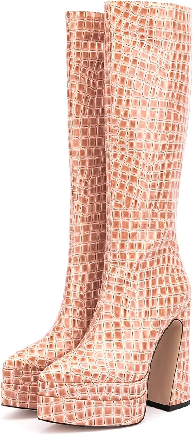 LEMUTISME Women's Trendy Pointed Toe Double Platform Crocodile Print Back Zip Chunky High Block Heel Knee High Boots For Party Evening