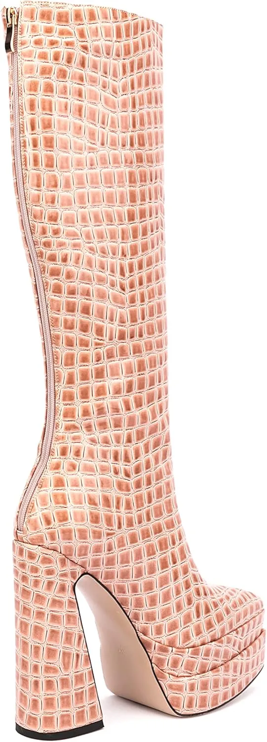 LEMUTISME Women's Trendy Pointed Toe Double Platform Crocodile Print Back Zip Chunky High Block Heel Knee High Boots For Party Evening