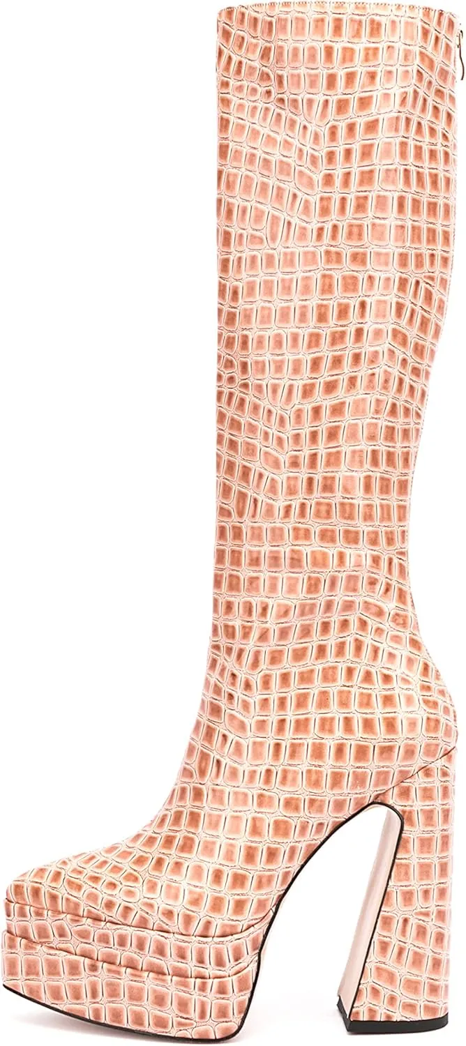 LEMUTISME Women's Trendy Pointed Toe Double Platform Crocodile Print Back Zip Chunky High Block Heel Knee High Boots For Party Evening